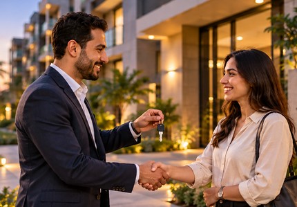 A landlord hands over a property key to a client outside a modern residential complex in Cairo
